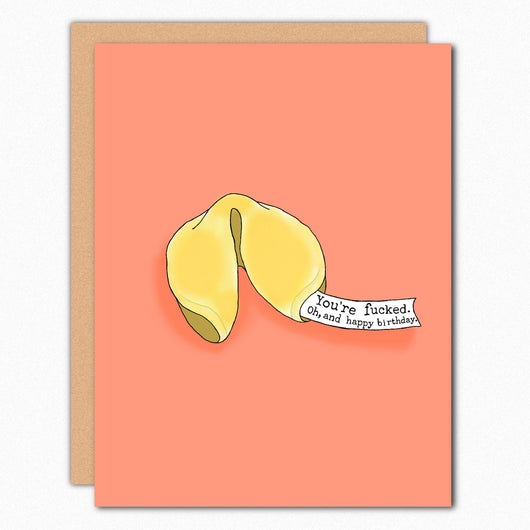 Bangs and Teeth funny birthday card with fortune cookie illustration
