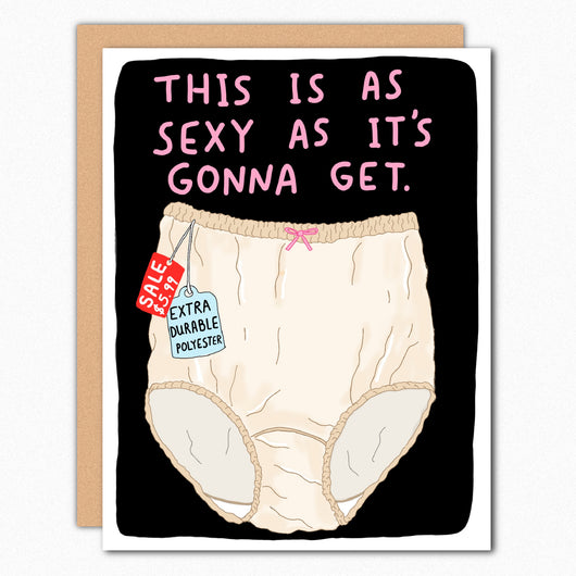 Bangs and Teeth funny Valentine’s Day card with granny panties illustration and hand-lettered message