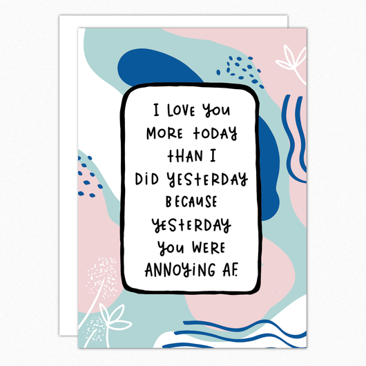 Santa Clarita Gift Shop Valencia Funny anniversary card for husband wife girlfriend boyfriend I love you more than yesterday In A Nutshell Studio