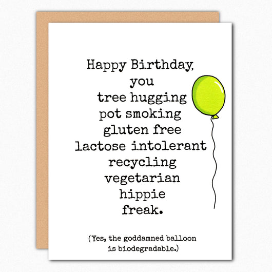 Bangs and Teeth funny birthday card with hippie freak message and balloon illustration