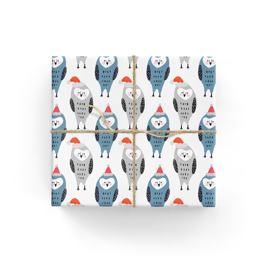 Christmas Owls Wrapping Paper. Holiday Gift Wrap. Owls Blue Grey