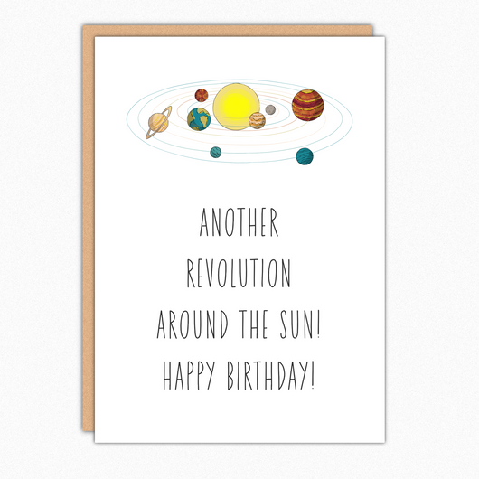Solar system birthday card. Outer space planets birthday card. Earth Mars space lover birthday greeting card. Astrophysics card.